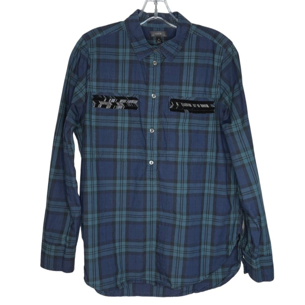J Crew Shirt Womens 8 Blue Green Plaid Popover Top Beaded Chevron Casual Preppy